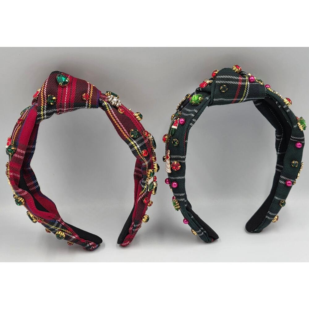Womens Wide Hair Headbands Christmas Plaid Jeweled Dazzled Holiday Festive - Picture 2 of 8
